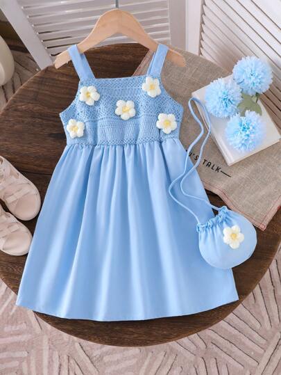 Genkimix Kids Vestido azul con estampado de fresa a cuadros y tirantes de ganchillo con bolso redondo a juego con estampado de fresa, vestido casual de verano para vacaciones al aire libre, vestido lindo para niñas pequeñas, vestidos para niñas en primavera