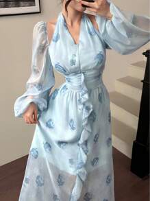 Modelyn 女式长款花卉印花雪纺 V 领春夏浪漫优雅荷叶边下摆连衣裙 - 藍色 - 查看 7