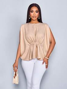 SOLERSUN Women's Summer Vacation Solid Color Linen-Blend Simple Pleated Waist Batwing Sleeve Blouse - Khaki - View 1