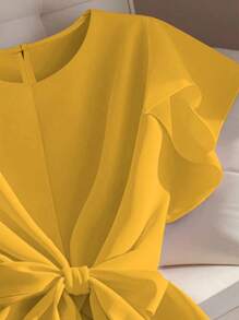Franclia 甜美春夏度假风纯色荷叶边袖配腰带女士衬衫 - 黃色 - 查看 3