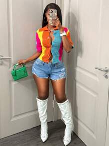 BamGleam Mujer Jersey/Chaqueta de punto ligero de color naranja y rosa con contraste de colores, de corte asimétrico, de rayas, casual, minimalista, con cuello en V, abotonado, de manga corta, elegante y sencillo