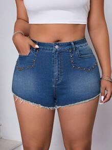 SHEIN ICON Pantalones cortos de mezclilla vintage lavada talla grande para mujer, frescos y elegantes para el verano - Azul lavado medio - Ver 3