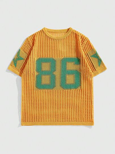 Prep Men's Summer Street Letter Pattern Hollow-Out Knitted Short Sleeve Top