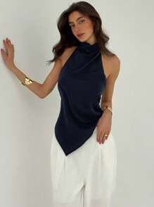 Aloruh Top de vară casual cu tiv asimetric pentru femei, cu guler halter, culoare solidă - Albastru marin - Vizualizare 5