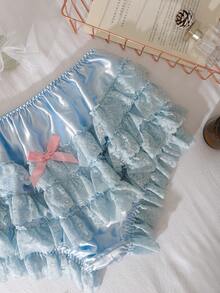 سراويل داخلية للمرأة ذات قياس زائد بتصميم فوّار متعدد الطبقات مع زخرفة الفيونكة وتريم من الدانتيل - الأزرق - مشاهدة 3