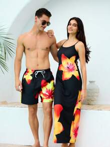 Manfinity VDAYZ Men's Floral Print Drawstring Waist Beach Shorts, Summer
