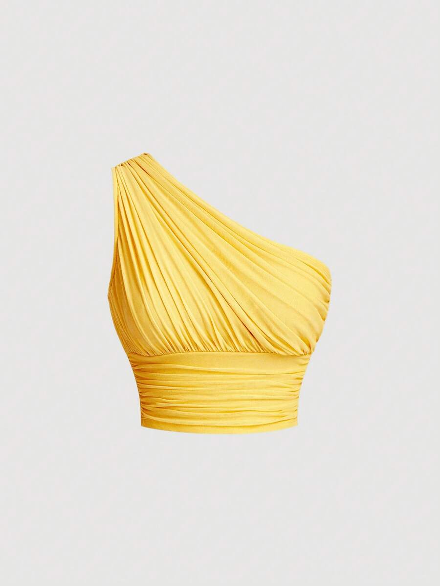 SHEIN MOD 單肩褶邊短款上衣 - 黃色 - 查看 1