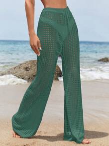 SHEIN Swim Conjunto de cubre y pantalones de ganchillo de unicolor para la playa en vacaciones - Verde Oliva - Ver 3