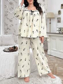 CottageSlumber Plus Size Floral Print Contrast Color Twist Ruffle Trim Square Neck Pajama Set