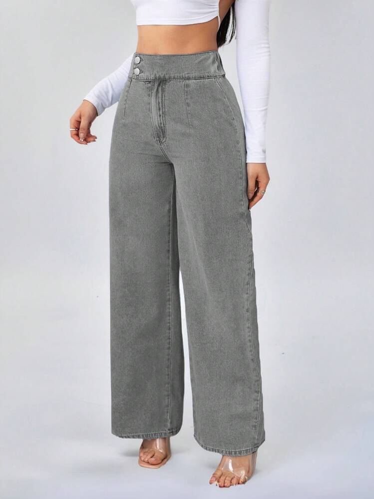 SHEIN Tall Jeans para mujer de cintura alta, estilo casual, suelto, pernera ancha, pantalones rectos de estilo azul para mujeres de talla alta, jeans de mamá - Gris - Añade 2