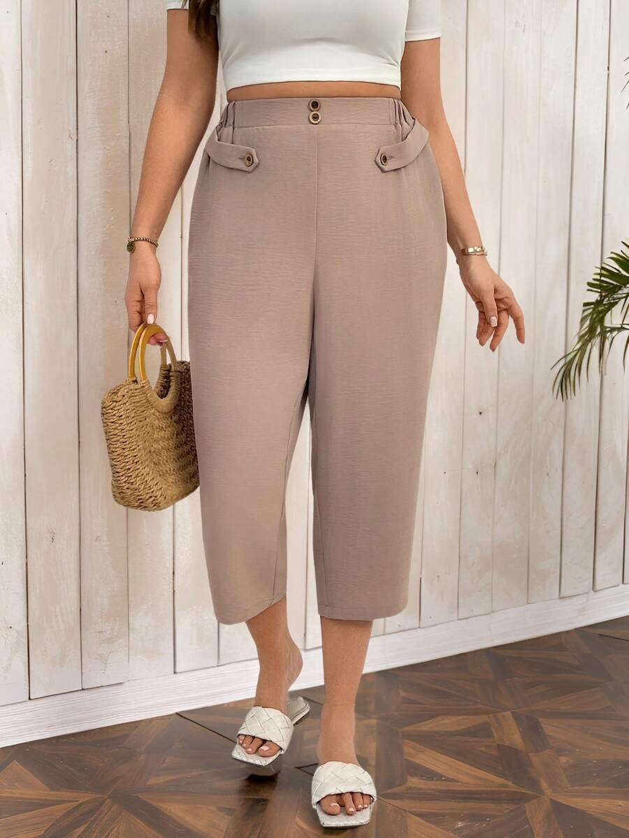 SHEIN Essnce Plus Size Women's Spring And Summer Fashion Casual Loose Comfortable Cool Daily Versatile Khaki Elastic Waist Button Decoration Cropped Trousers,Women Bottom,Vacation Outfits,Baggy Pants,European Summer,Capris For Women,Work Pants