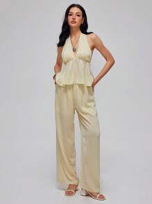 Roylia Vacation Casual Style Halter Top & Wide Leg Striped Pants Set For Women - Yellow - View 3