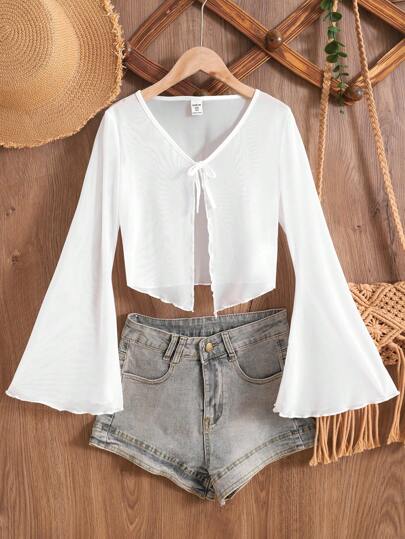 SHEIN 青少年女孩前系蝴蝶结喇叭袖罩衫