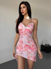 Firerie 女士夏季优雅度假粉色扎染图案不对称下摆抽绳印花紧身迷你连衣裙，适合度假、优雅约会、音乐节 - 粉色 - 查看 5