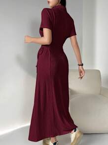 Aidyla Women Letter Print Turnup Sleeve Side Waist Tie Midi Casual Dress Maxi Women Outfit Long Evening Dresses - Burgundy - View 2