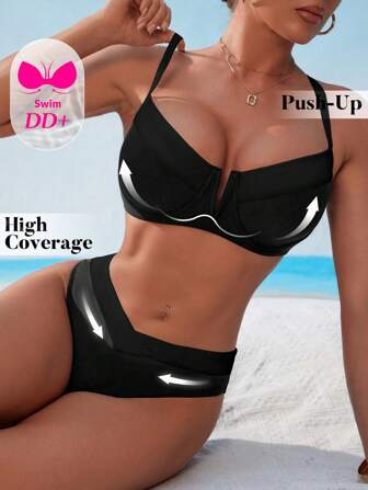 Swim DD+ DD Cup Women's Swimsuit, Spaghetti Strap V-Neck Push-Up Gather High Cut Swim Bottom, 2 Pieces Swimwear Set For Beach & Holiday For Summer Beach Vacation