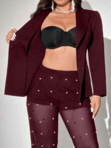 Viva Relle Set elegante da donna taglie forti composto da giacca con colletto a bavero e maniche lunghe in colore unito, e pantaloni in in rete impreziositi da perle, adatto per San Valentino