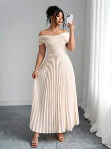 SHEIN PETITE CURVE Plus Size Women Off The Shoulder Ruched Design Dresses, Summer Elegant Formal Dress For Wedding Guest