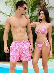 Manfinity VDAYZ All-Over Print Pocket Drawstring Waist Beach Pants, Suitable For Summer - Pink - View 5