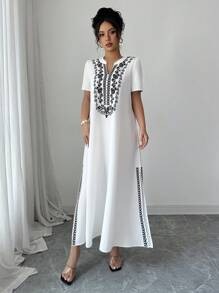 Calvaya Vestito ampio con scollo a V, maniche corte, arricciato in vita, con spacco laterale, con ricamo floreale e a motivi vegetali in stile boho e vintage per donna