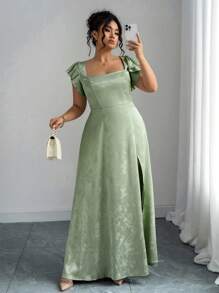 Elenzga 大码女式方领荷叶边袖开衩下摆长裙，绿色提花面料，适合休闲、工作、派对、伴娘、毕业典礼，舒适时尚 - 綠色 - 查看 5
