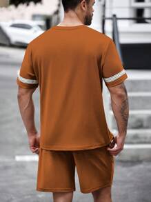 Manfinity Homme Men Plus Size Summer Striped Woven Belt Round Neck Short Sleeve T-Shirt And Shorts Casual Set Men Co Ord Setmen Two Pieces Setmocha Outfit For Menmens Two Pieces Casualmen Co Ord