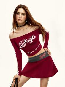 INAWLY Lace Trim Off Shoulder Long Sleeve Top And Mini Skirt 2 Pieces Set Fall Cloth For Women - Burgundy - View 4