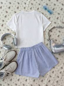 SHEIN Teen Girl White Solid Color Knitted Basic Casual Digital Print Round Neck Short Sleeve Fitted T-Shirt And Blue And White Striped Woven Waistband Woven Label Shorts Set Of Two, Suitable For Spring And Summer, Basic Style, Daily Style, Home Style, Versatile Style, Back To School Season Style, Pure Cotton, Details Elastic Waist Shorts, Home Leisure, Spring And Summer Style, Travel Style, Personalized Versatile, Clean Girl - Blue and White - View 2