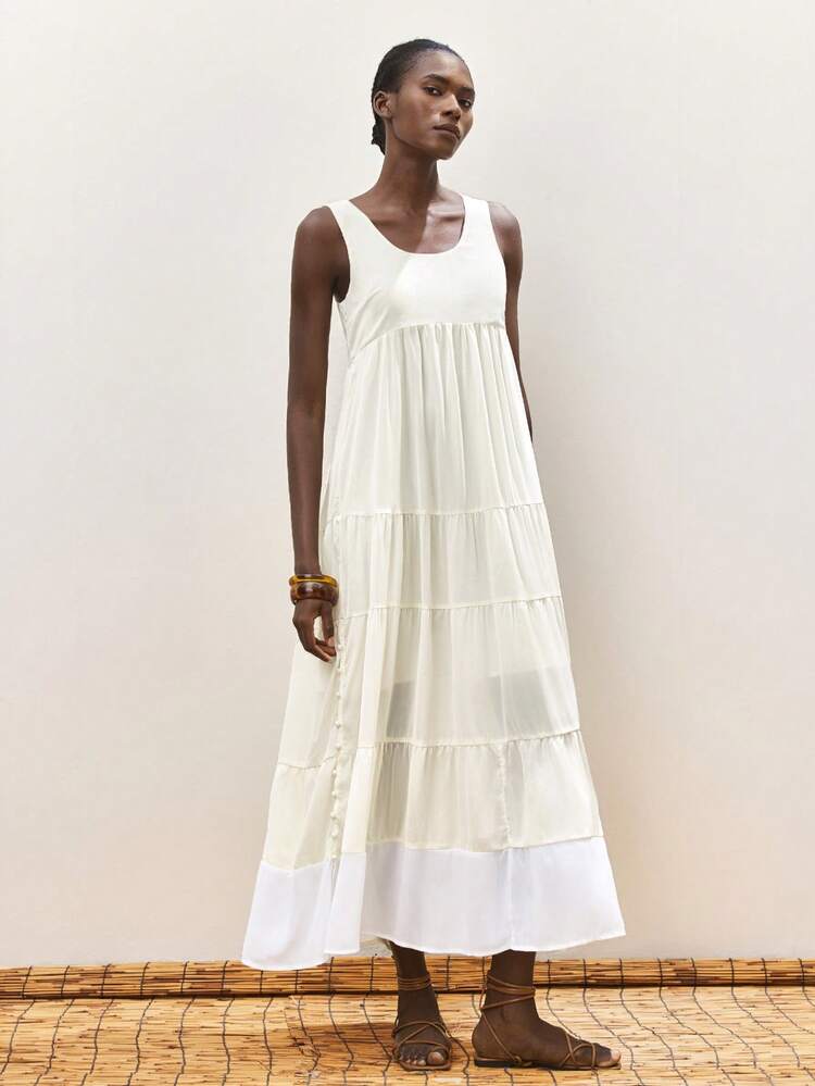 SHEIN Maija Women's Apricot & White Color Block U-Neck A-Line Sleeveless Dress, Simple & Fashionable Casual Beachwear & Holiday Dress, Summer