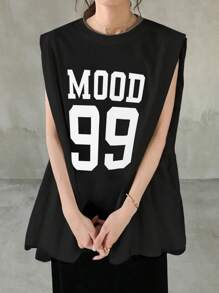 FRIFUL 女式字母印花撞色荷叶边下摆网眼嵌花圆领无袖夏季休闲街头装背心、图案 T 恤