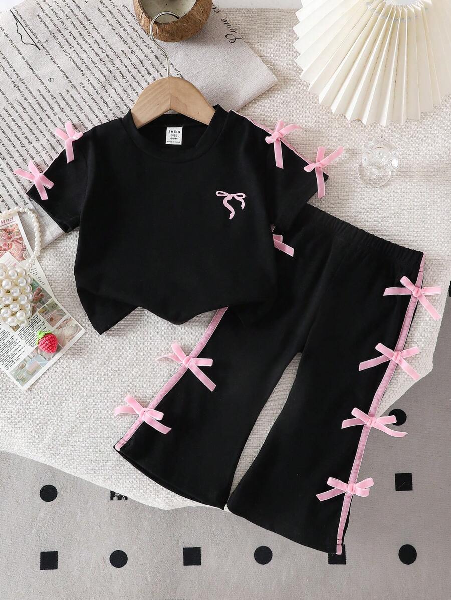 SHEIN 2 件套女宝宝新款韩版时尚短袖条纹衬衫配蝴蝶结+甜美高腰阔腿休闲长裤，夏季 - 黑色 - 查看 1