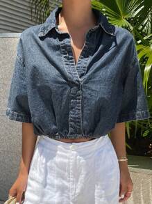 Livesso Women Summer Turn-Down Collar Short Sleeve Elastic Waist Crop Loose Casual Street Style Denim Blouse - Medium Wash - View 2