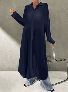 Firerie White Chiffon Sunscreen Shacket, Women Casual Loose Mid-Length Long Sleeve Thin Cardigan Top For Summer - Navy Blue - View 7