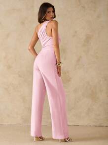 SHEIN BAE 夏日海滩度假优雅纯黑色不对称领露肩单肩连体裤，适合日常约会、夜间外出、夜总会、派对、聚会、鸡尾酒会、泳池派对、办公室穿着、通勤连体裤、假日连体裤 - 珊瑚粉 - 查看 2