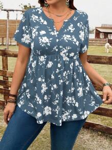 EMERY ROSE Camiseta de manga corta con cuello en V y estampado floral para mujer de talla grande, ideal para vacaciones, estilo bohemio - Celeste - Ver 3