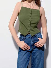 Maija 春夏新款芥末绿可调节肩带单排扣修身吊带背心，带衬里，优雅百搭，适合狂欢节、派对、情人节、返校季、音乐节、圣帕特里克节、复活节、夏季派对、海滩度假、夏季外出、毕业季等场合。 - 軍綠色 - 查看 3