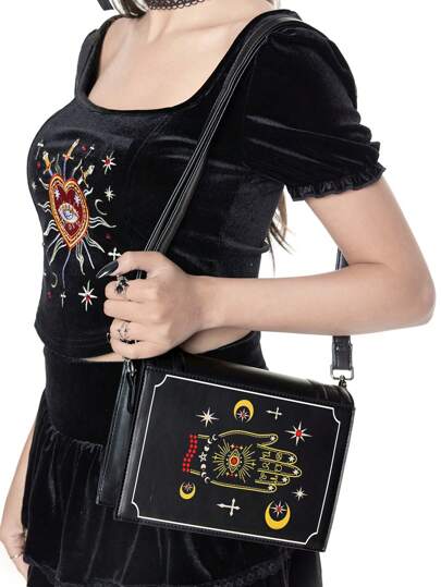 Goth Women's Gothic Book-Shaped Crossbody Bag With Occult Print (Hands/Stars/Moons/Eyes/Crosses) - Sturdy Non-Deformable Design For Dark Academia Back-To-School Outfits Suitable For Daily Commute
