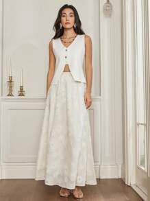 DAZY 女士夏季蕾丝半身裙，镂空纹理面料，蓬松喇叭裙摆设计，适合宴会、通勤、休闲等场合，宽松版型 - 米色 - 查看 2