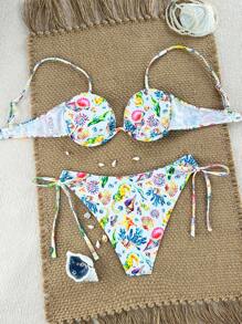Swim Mod 2 Stücke/Set neuer bunter Unterwasser Welt Seitenschnürung Geknüpft High Cut Bikini, Frauen Strand Urlaub Badeanzug