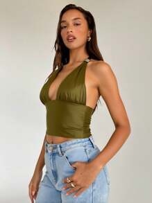 Aloruh Elegant & Sexy Olive Green Halter Neck Tie-Up Decor Button Women's Tank Top