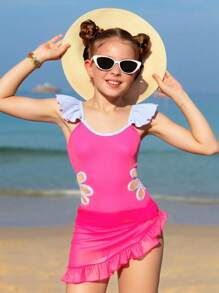 Tween Girl Laser Cut Ruffled One-Piece Swimsuit - Hot Pink - View 1