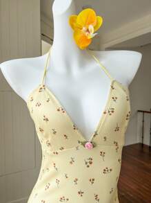 Comfortcana New Summer Beach Dress Vacation Outfits Butter Yellow Ditsy Floral Holiday Summer Bodysuit Seaside Beach