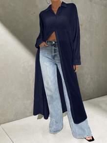 Firerie White Chiffon Sunscreen Shacket, Women Casual Loose Mid-Length Long Sleeve Thin Cardigan Top For Summer - Navy Blue - View 5