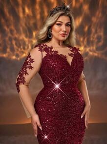 Glamrae 加大码优雅网眼刺绣长袖 V 领高腰鱼尾礼服、派对礼服、晚礼服、婚礼宾客礼服 - 酒紅色 - 查看 3