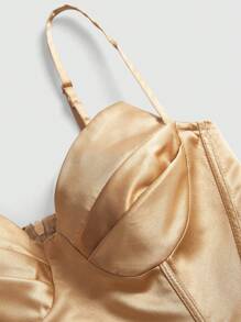 Poshira Women Elegant Solid Color Cinched Waist Spaghetti Strap Party Dress, Prom Dress - Khaki - View 3