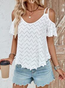 SHEIN LUNE Camiseta de mujer de verano minimalista de unicolor con bordado calado y hombros descubiertos