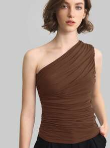 Ontre 2025 Nowy Letni Jedno Ramię Pleców Marszczony Obszycie Camisole Dla Kobiet, Nadaje Się Na Wakacje Na Plaży, Klub, Mundur Nauczycielski, Koncert Muzyki Country, Streetwear, Styl Sztokholmski, Dzień Niepodległości, Jednolity Kolor - Brązowy - Zobacz 1