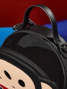 Paul Frank X SHEIN 1pc Pu Leather Monkey Printed Patchwork Top Handbag, With A Long Shoulder Strap For Crossbody, Suitable For Commuting, Outings, Travel, Can Store Wallets, Small Water Bottles, Personal Belongings, Suitable For Women, Street