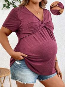 SHEIN Solid Color Maternity Short Sleeve T-Shirt With Front Twist Decor, Casual
