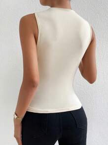 SHEIN PETITE Áo hai dây xếp ly màu trơn tối giản ôm vừa vặn dành cho nữ khi đi làm, mùa hè - Màu be - Xem 2